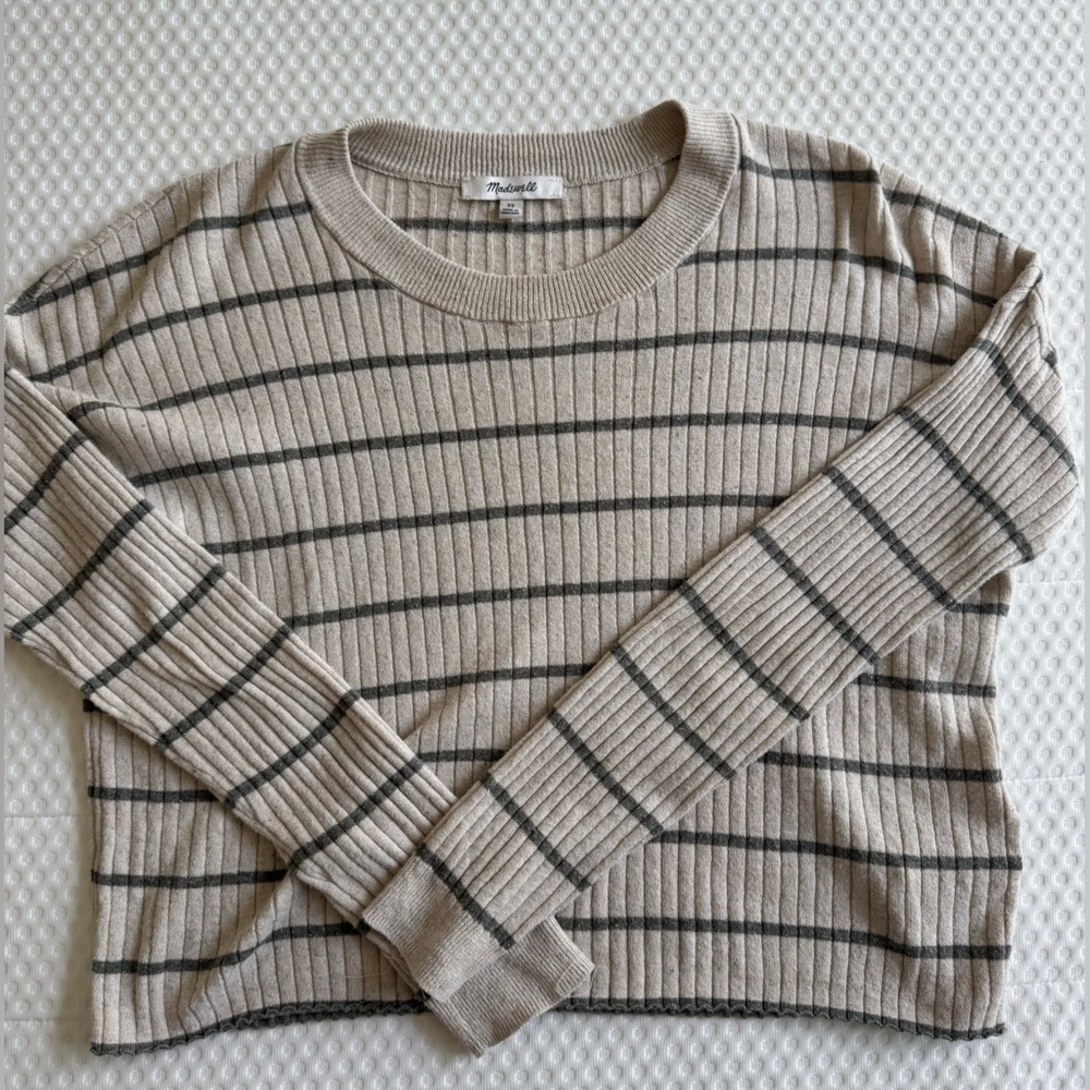 Madewell Cream and Black Crew Neck Sweater